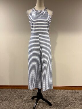 Striped Halter Wide-Leg Jumpsuit - Blue & White size small